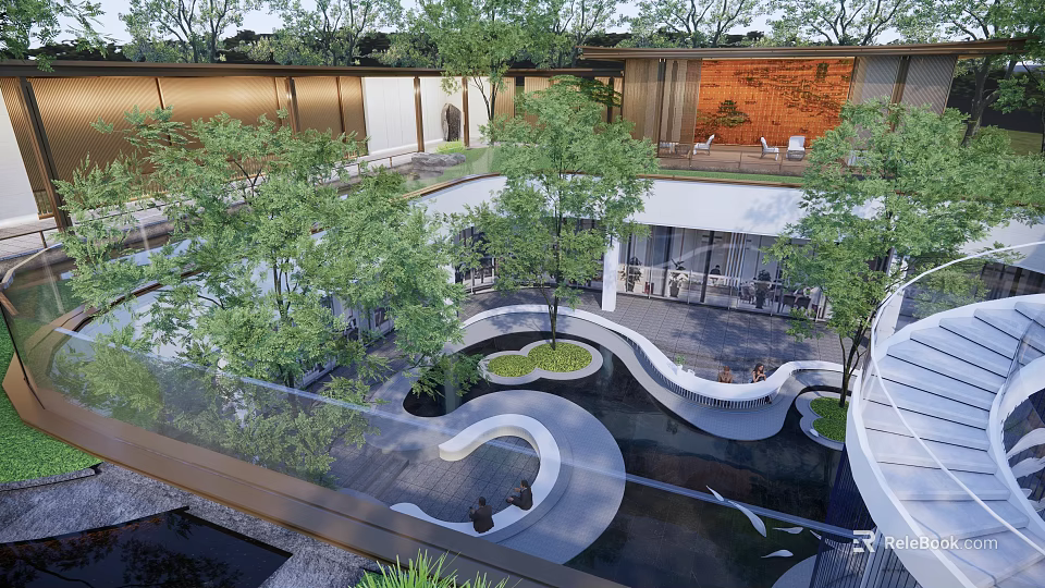 Modern Garden Landscape With Lush Trees Curved Pathway And Water Pond 3d model 