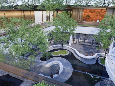Modern Garden Landscape With Lush Trees Curved Pathway And Water Pond 3d model