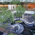 Modern Garden Landscape With Lush Trees Curved Pathway And Water Pond