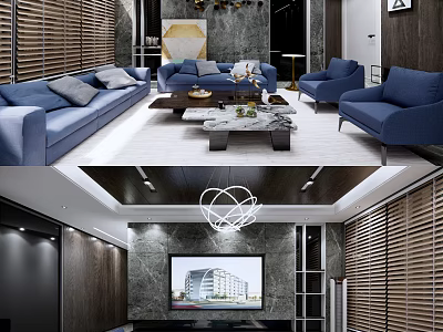 Modern Living Room Interior With Blue Sofas Accent Chairs Coffee Table TV And Chandelier 3d model