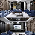 Modern Living Room Interior With Blue Sofas Accent Chairs Coffee Table TV And Chandelier