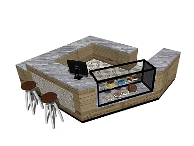Modern Reception Desk With Gray Countertop Wooden Sides Black Monitor Glass Display And High Stools 3d model