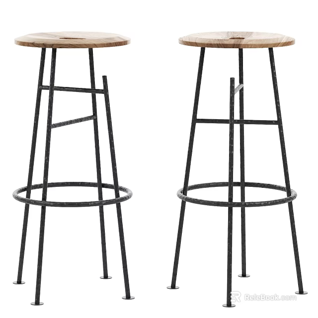 Modern Bar Stools With Wooden Seat Black Metal Frame And Footrest Design 3d model