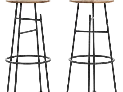 Modern Bar Stools With Wooden Seat Black Metal Frame And Footrest Design 3d model