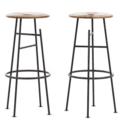 Modern Bar Stools With Wooden Seat Black Metal Frame And Footrest Design 3d model