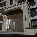 Elegant Entrance Gate With Glass Doors Stone Facade Balconies And Greenery Accents