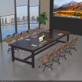 Wooden Conference Table with Office Chairs Large Windows City View Potted Plant Digital Screen