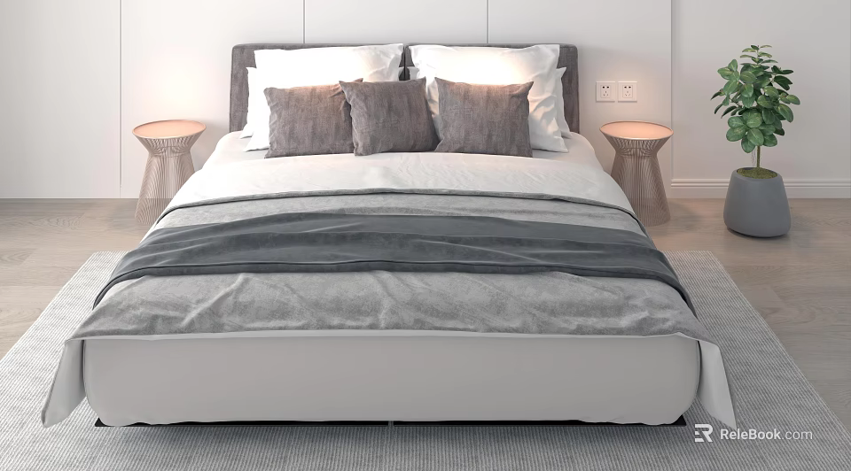 Double Bed with White and Gray Pillows Soft Blanket and Two Side Tables 3d model