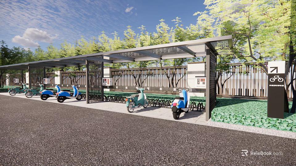 Shaded Electric Scooter Parking Shelter With Trees Fence Greenery And Paved Ground 3d model 