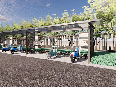 Shaded Electric Scooter Parking Shelter With Trees Fence Greenery And Paved Ground 3d model