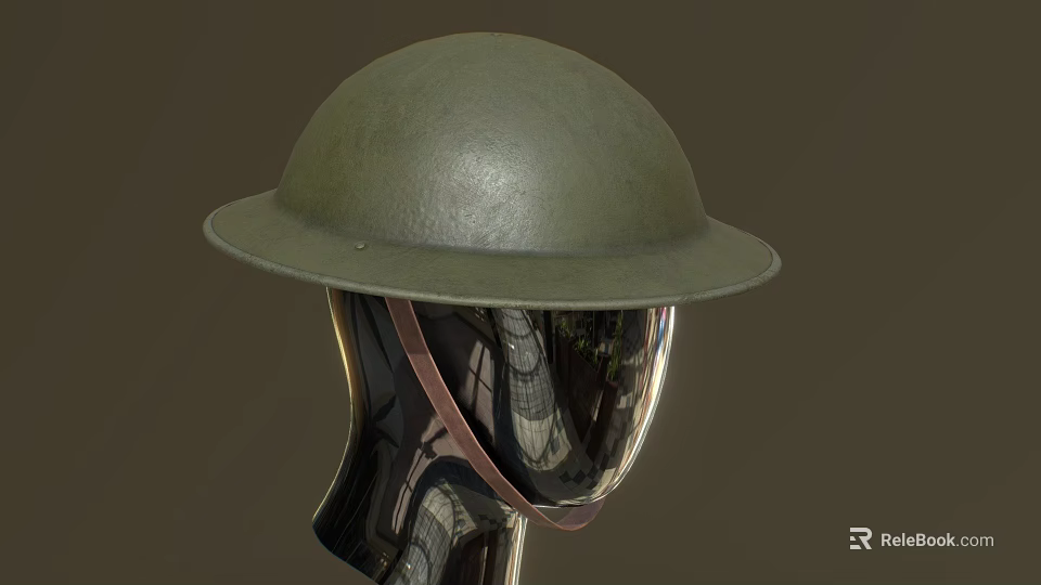 Green Military Style Helmet With Wide Brim And Brown Strap On Mannequin Head 3d model 
