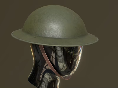 Green Military Style Helmet With Wide Brim And Brown Strap On Mannequin Head 3d model