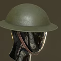 Green Military Style Helmet With Wide Brim And Brown Strap On Mannequin Head