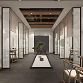 Traditional Tea House Interior Design With Wooden Shelves Tea Sets And Calligraphy Decor