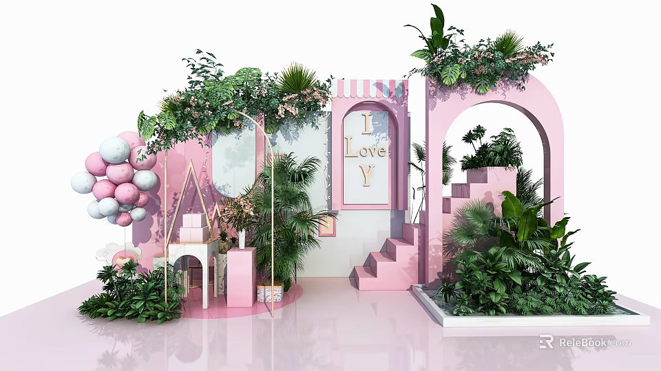 Elegant Floral Display with Pink Arches Green Plants Balloons and Staircase for Event Decoration 3d model 