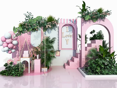 Elegant Floral Display with Pink Arches Green Plants Balloons and Staircase for Event Decoration 3d model
