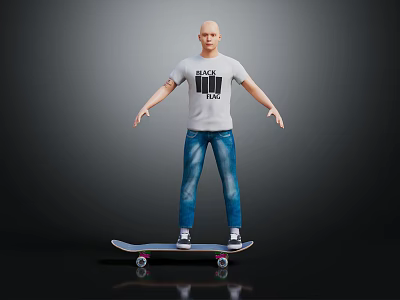A Man Standing On Skateboard Wearing White T-Shirt With THE MAN Print And Blue Jeans 3d model