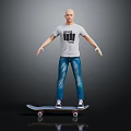 A Man Standing On Skateboard Wearing White T-Shirt With THE MAN Print And Blue Jeans