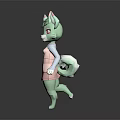 Cute 3D Cartoon Green Animal Sculpture with Pink Ears Red Eyes and Pink Overalls