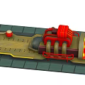 Industrial Machinery Equipment With Red Structure Glowing Orange Elements Platform Warning Stripes And Yellow Lights