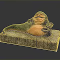 Obese Green Game Movie Character With Orange Belly Sitting On Stone Platform