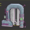 Futuristic Light Blue Door Furniture With Mechanical Design Green Screens And Warning Stripes