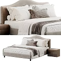Modern Double Bed With White Bed Sheets Pillows Striped Blanket And Wooden Bedside Table