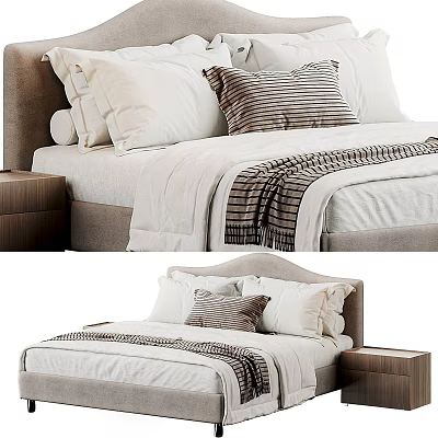Modern Double Bed With White Bed Sheets Pillows Striped Blanket And Wooden Bedside Table 3d model