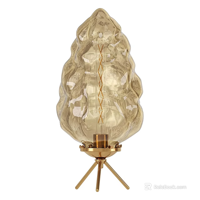 Amber Textured Glass Table Lamp With Gold Metal Three Legged Stand 3d model 