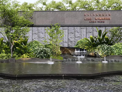 Scenic Feature Wall With Stone Texture Surrounded By Lush Greenery And Water Features 3d model