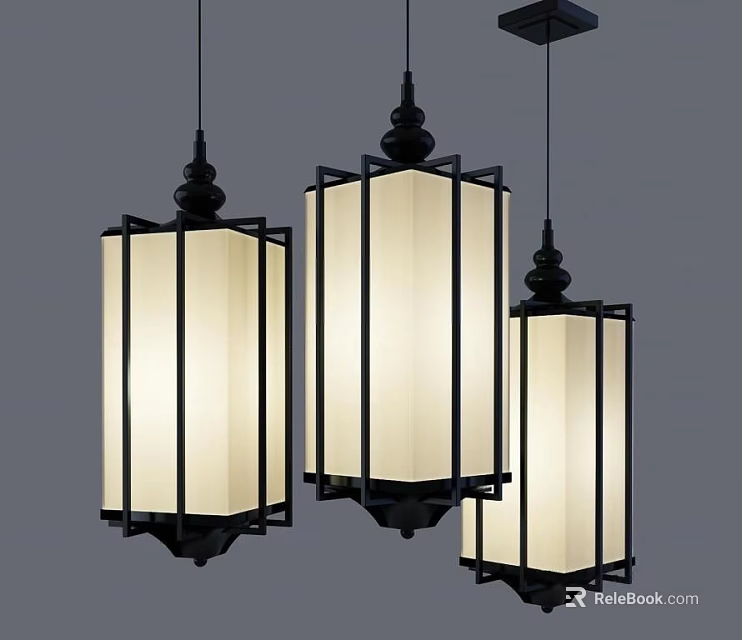 Three Chinese Style Pendant Lights with Black Frame and White Shade for Modern Interior Decor 3d model 