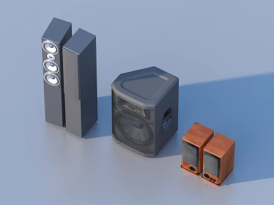 Stylish Speaker System Design Featuring Tall Column Hexagonal Subwoofer And Small Wooden Bookshelf Speakers 3d model