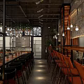 Industrial Restaurant Interior With Stone Wall Pendant Lights Wooden Tables Chairs Staircase And Plants