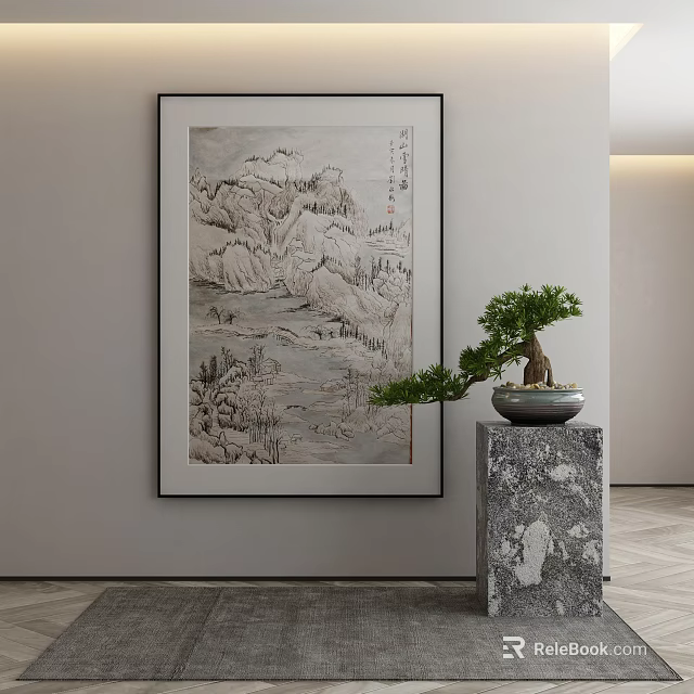 Framed Chinese Landscape Painting Hung On Wall With Marble Pedestal And Bonsai Plant 3d model 