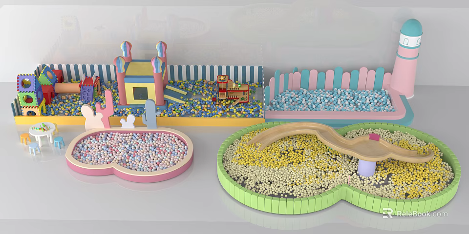Indoor Children's Play Equipment with Trampoline Ball Pools Slide and Fence 3d model 