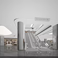 Modern Shopping Mall Lobby Interior With Curved Ceiling Lighting And Green Seating Area
