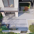Scenic Courtyard Feature Wall With Lush Green Plants Stone Steps And Outdoor Seating