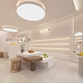 Modern Retail Store Interior With White Shelves Wooden Stools Green Plants Round Ceiling Lights And Display Island