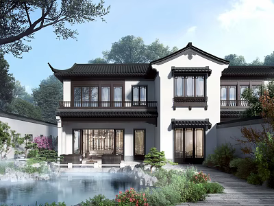 Chinese Style Detached Villa With Courtyard Pond Rockery And Green Plants 3d model