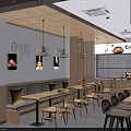 Fenmian Shijia Noodle Restaurant with Red Signage Wooden Tables Chairs and Pendant Lights