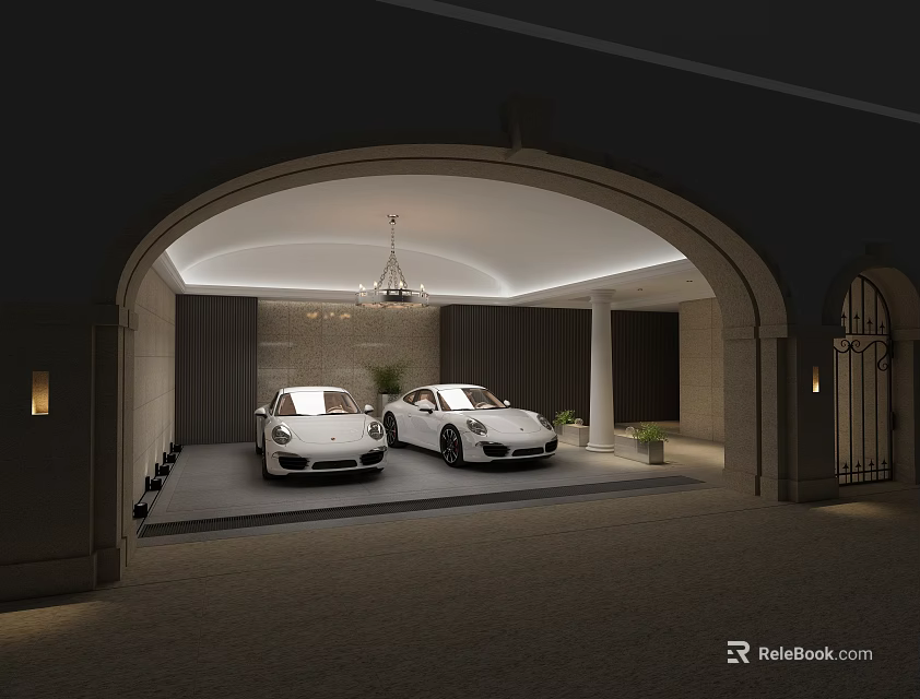 Luxury Garage Interior With Two White Porsches Under Arched Entrance Pendant Light And Plants 3d model 