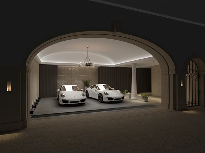 Luxury Garage Interior With Two White Porsches Under Arched Entrance Pendant Light And Plants 3d model