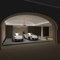 Luxury Garage Interior With Two White Porsches Under Arched Entrance Pendant Light And Plants