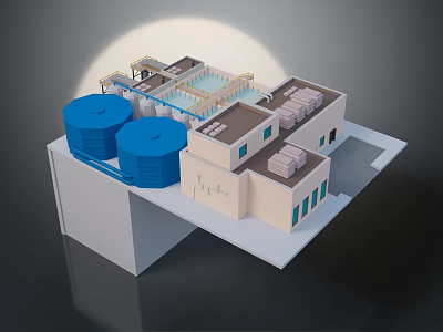 3D Industrial Facility Model With Blue Storage Tanks Buildings And Pipeline Layout 3d model