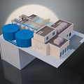 3D Industrial Facility Model With Blue Storage Tanks Buildings And Pipeline Layout