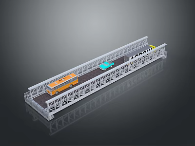 Model Bridge with Metal Frame Structure Featuring Orange Bus Blue Car and White Truck 3d model