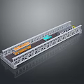Model Bridge with Metal Frame Structure Featuring Orange Bus Blue Car and White Truck