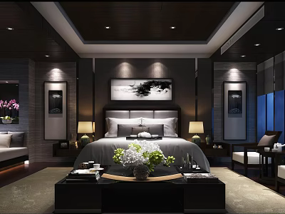 Elegant Hotel Guest Room Interior With Large Bed Decorative Painting Table Lamps Sofa And Flowers 3d model