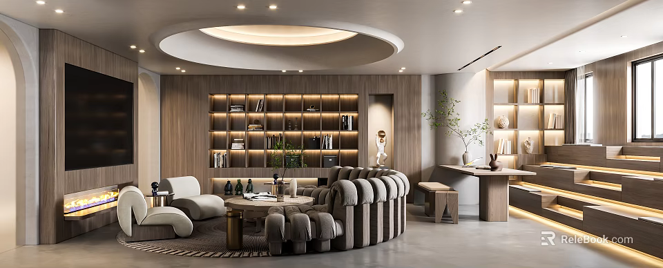 Modern Conference Room Interior With Cozy Sofas And Wooden Bookshelves 3d model 