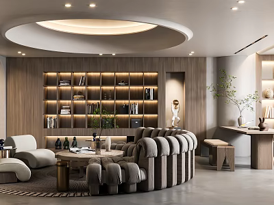 Modern Conference Room Interior With Cozy Sofas And Wooden Bookshelves 3d model
